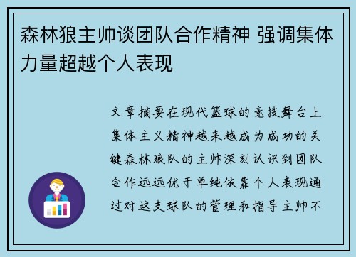 森林狼主帅谈团队合作精神 强调集体力量超越个人表现