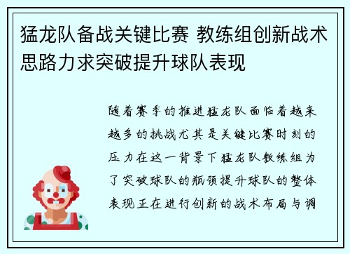 猛龙队备战关键比赛 教练组创新战术思路力求突破提升球队表现