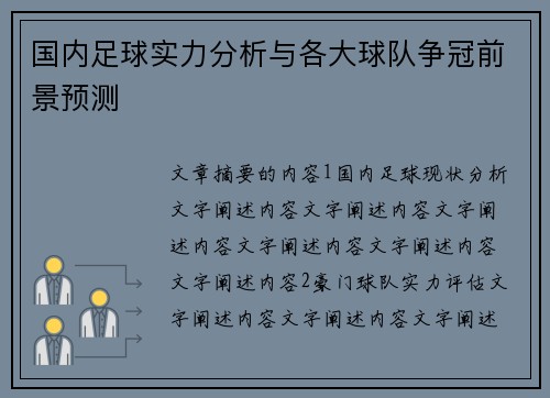 国内足球实力分析与各大球队争冠前景预测