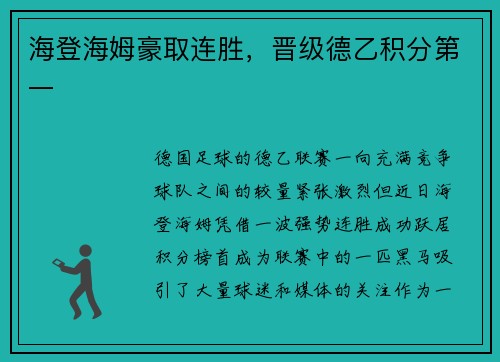 海登海姆豪取连胜，晋级德乙积分第一