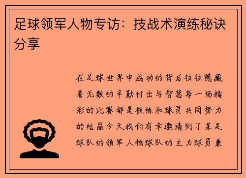 足球领军人物专访：技战术演练秘诀分享