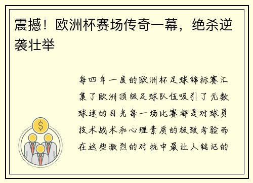 震撼！欧洲杯赛场传奇一幕，绝杀逆袭壮举