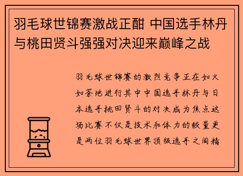羽毛球世锦赛激战正酣 中国选手林丹与桃田贤斗强强对决迎来巅峰之战